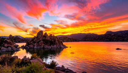 Lake Reflecting Vivid Sunset with Rocky Islands and Vibrant Orange Sky