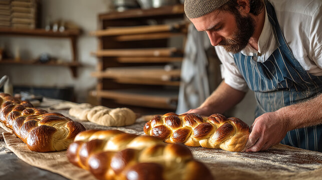 Baker examining freshly baked challah bread in a bakery setting