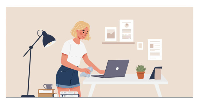 Illustration of a woman cleaning her laptop with a cloth on a tidy desk in her home office, concept for hygiene maintenance, workspace tidiness and home office organization