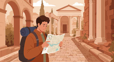 Young man with backpack looking at map in historic old town with ancient roman architecture. Concept for travel guide, historical tourism and city exploration