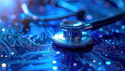 Digital health stethoscope on glowing blue circuit board technology concept.