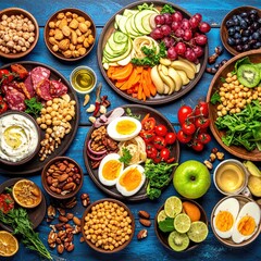 Healthy Food Platter with Fruits Vegetables Protein and Dips.