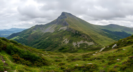 Fototapeta premium Green Mountain Peak Under Cloudy Sky Scenic Landscape