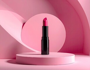 Vibrant pink lipstick displayed on a modern pedestal with abstract curves.