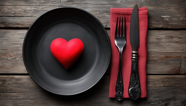 Vintage And Rustic Romantic Table Setting With Plate, Knife, Fork, Napkin, And Red Heart For Valentine'S Day On Dark Wooden Table