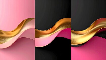 Elegant abstract wavy gold and pink black background design.