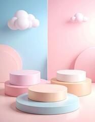 Pastel Geometric Podium Display with Soft Clouds and Abstract Background.