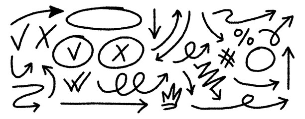 Hand-drawn chalk arrows, frames, and doodle elements. Vector charcoal and crayon sketch strokes with arrows, swirls and check marks