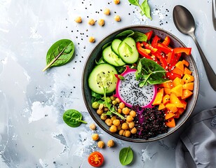 Vibrant healthy buddha bowl with fresh vegetables fruits and chickpeas.