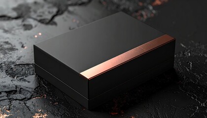 Sleek dark rectangular object with copper accent on textured surface.