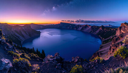 Panoramic View of Crater Lake in Deep Blue Hues at Twilight with Rocky Cliffs and Pine Trees Under Starry Sky in Oregon
