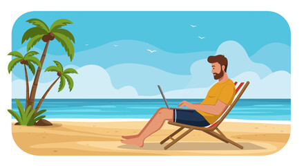 Cartoon man working on laptop sitting on beach chair with tropical scene, concept for remote work, digital nomad lifestyle and summer vacation escape