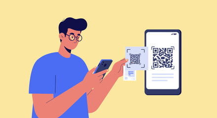 Man scans QR code on card using smartphone, digital mobile payment concept for contactless payment solution, information sharing and secure transaction