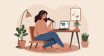 Young woman broadcasting podcast using microphone at home office workspace setup with laptop. Concept for online education, content creation and remote work lifestyle