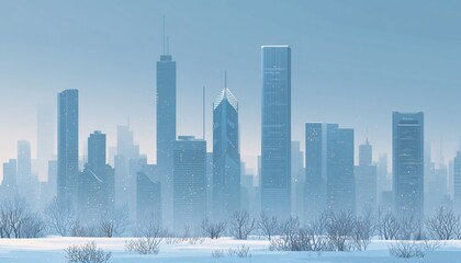 Silhouettes Of Tall Skyscrapers And Office Buildings In Winter Cityscape: A Modern Panoramic Landscape Of The Metropolis Business District