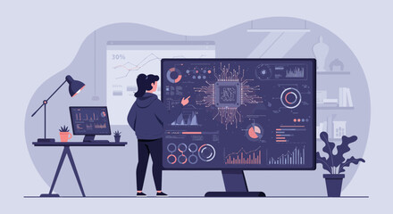 Woman analyzes big data visualization on large screen in modern office, concept for business intelligence platform, financial data analysis and technology trend forecasting