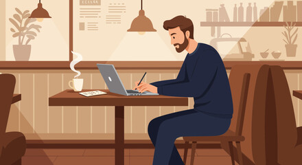 Bearded man working on laptop in cafe with coffee and menu in background, concept for remote work, creative workspace and digital nomad lifestyle