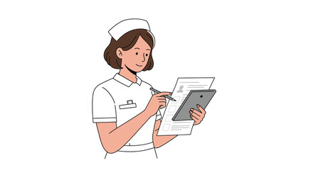 Female nurse in uniform writing on a chart while holding a tablet in her hands, concept for healthcare documentation, patient information management and medical research