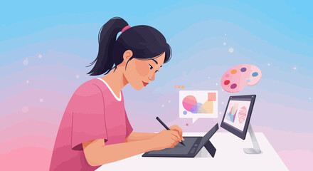 Young woman artist using graphic tablet, design software and color palette on pastel background. Concept for digital illustration, creative art project and freelance artist work