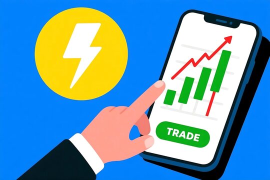 Hand taps trade button on smartphone showing rising graph against a blue backdrop, representing investment and financial success.