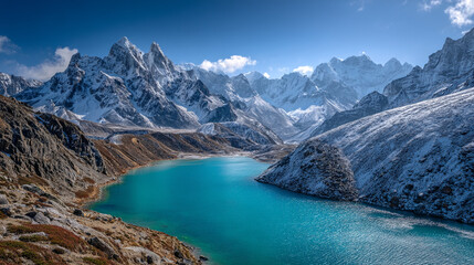 Obraz premium Turquoise lake surrounded by snow covered mountains under a blue sky day light