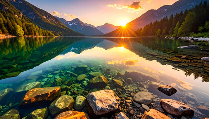 Picturesque Mountain Lake at Sunset with Reflections on Clear Water and Rocks in Foreground and Pine Trees on Shoreline Golden Hour Scenery