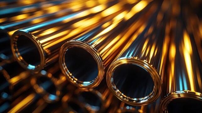 Gleaming tubes stacked, reflecting warm and cool light. Round, metallic