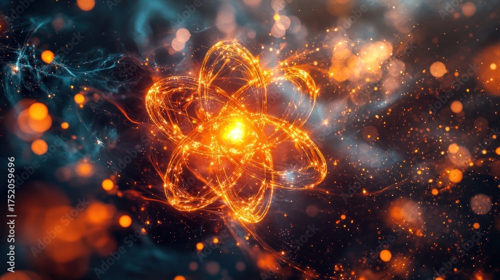Wall mural glowing atom model with energy trails and sparkling particles in space
