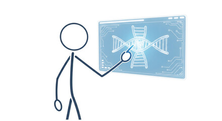 Stick figure interacting with futuristic transparent screen displaying DNA helix and circuit patterns, symbolizing genetic research and biotechnology.