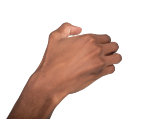 Hand clenched in firm grip with fingers curled around invisible object, gesture of control, strength