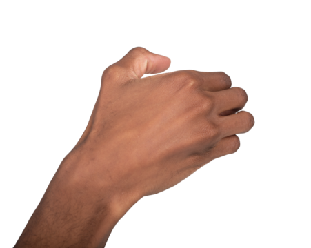 Hand clenched in firm grip with fingers curled around invisible object, gesture of control, strength