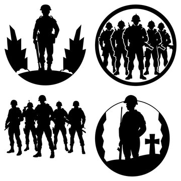 Silhouettes of soldiers in various scenes of war and remembrance in black and white vector graphics