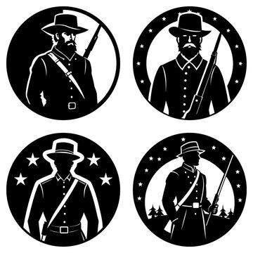 Four round emblems showcasing confederate soldiers with hats and rifles in black and white illustrations