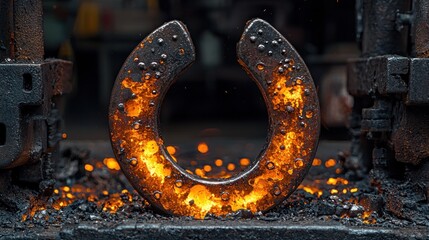 Glowing horseshoe, embers fly in a blacksmith's shop