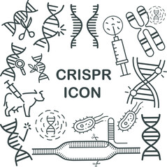 Innovative CRISPR and DNA editing icon doodle set vector. Perfect for biotechnology, genetic, genome research, science, medicine, and laboratory design. Trendy, modern, minimal scientific illustration
