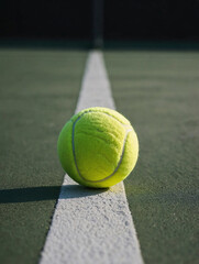 Bright yellow tennis ball rests upon the white service line of a court