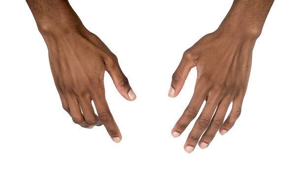 Hand grabbing gesture with both arms outstretched forward, fingers curved to grasp invisible object - Powered by Adobe