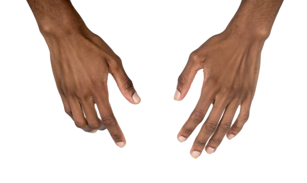 Hand grabbing gesture with both arms outstretched forward, fingers curved to grasp invisible object