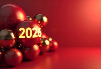 Red balls with date 2026 on red background. Copy place.