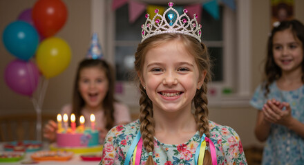 Happy birthday girl wearing tiara with cake and balloons at celebration party, copy space