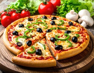 Delicious Fresh Pizza with Olives and Green Peppers on Wooden Board.