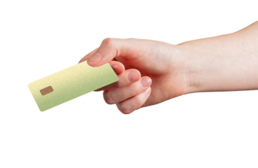 Hand holding green bank card with chip, concept of modern finance, secure payment, and electronic
