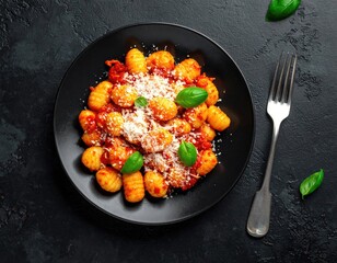 Delicious Gnocchi with Tomato Sauce and Fresh Basil Garnished with Parmesan Cheese.
