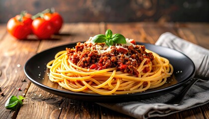 Delicious Spaghetti Bolognese served on a rustic wooden table with fresh basil and tomatoes.