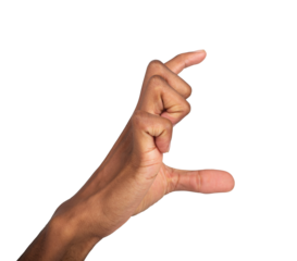 Hand holding large invisible object between thumb and index, fingers measuring size in presenting
