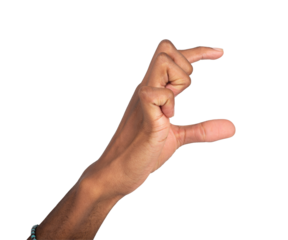 Hand holding large invisible object between thumb and index, fingers slightly curved in natural grip