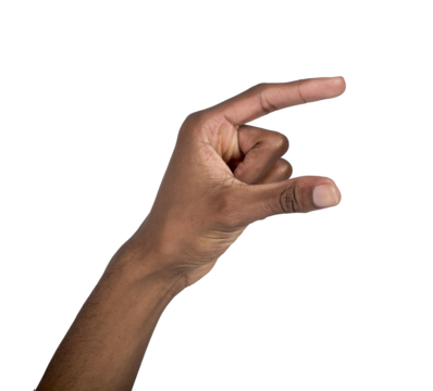 Hand holding large invisible object between thumb and index, gesture of display and presentation,