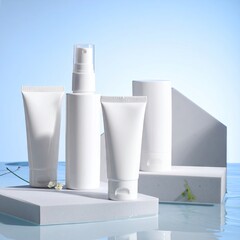 Minimalist white cosmetic bottles and tubes arranged on geometric pedestals for beauty product display.