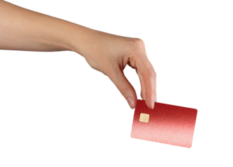 Hand holding red glossy bank card with chip, concept of modern finance, secure payment, cashless