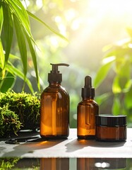 Natural organic skincare products in amber bottles with green foliage background.